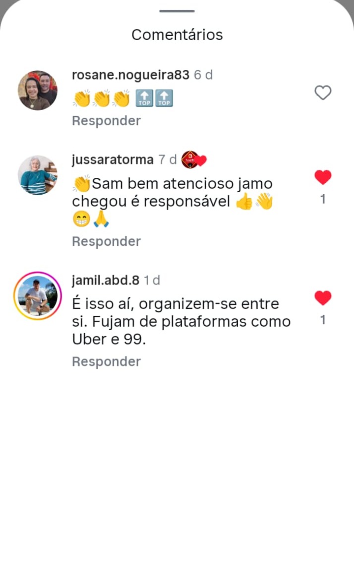 Passageiros comentando no Instagram sobre motoristas atenciosos da Bagé 53