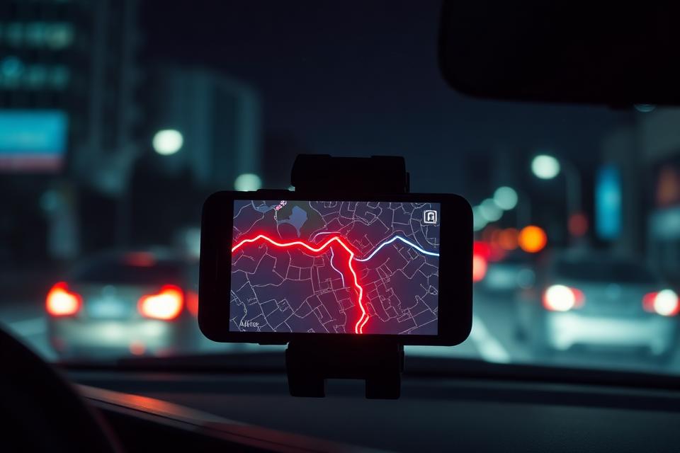 Celular no painel do carro mostrando a rota da corrida