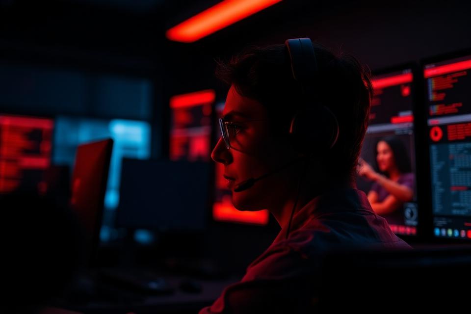 Atendente da central com headset durante a madrugada